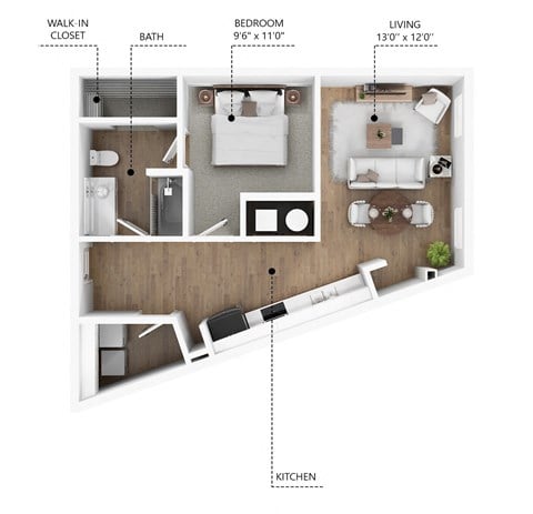 Floor plan for 1 bed, 1 bath, 680 sqft